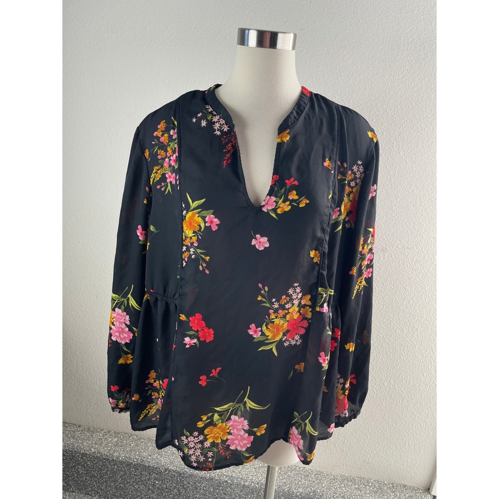 Old Navy Womens Plus XXL Black Floral Peasant Blouse Long Sleeve Split Neck Top